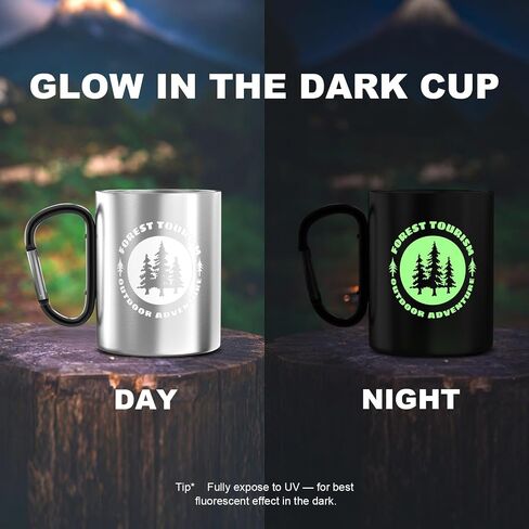Glow-in-The-Dark Stainless Steel Camping Mug with Carabiner Handle | Double-Wall Vacuum Insulated, Compact & Lightweight 9.5oz Cup for Hiking, Backpacking in Saudi Arabia