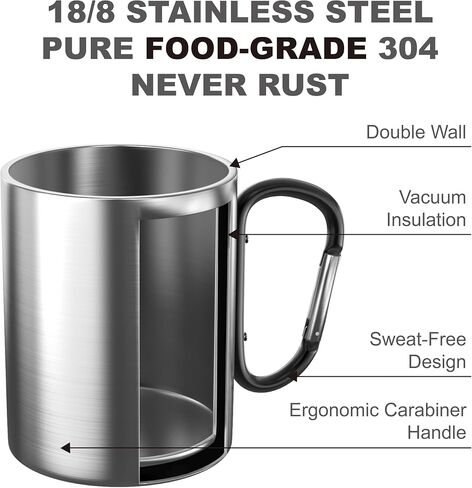 Glow-in-The-Dark Stainless Steel Camping Mug with Carabiner Handle | Double-Wall Vacuum Insulated, Compact & Lightweight 9.5oz Cup for Hiking, Backpacking in Saudi Arabia