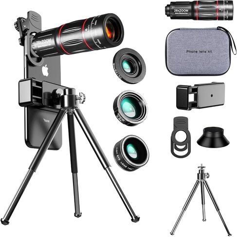 طقم عدسة كاميرا الهاتف الخليوي 4-في 1 ، تعيين كاميرا خارجية مرفوعة ، تليفوتوغرافي 28x ، زاوية واسعة 0.6x ، الماكرو 20X ، Fisheee 198 ° ， مرفق عدسة الهاتف لـ Andriod و iPhone (أسود) in Kuwait