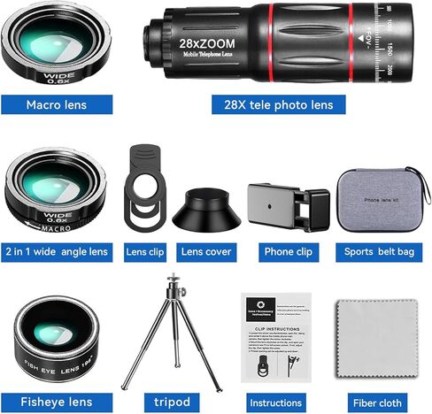 طقم عدسة كاميرا الهاتف الخليوي 4-في 1 ، تعيين كاميرا خارجية مرفوعة ، تليفوتوغرافي 28x ، زاوية واسعة 0.6x ، الماكرو 20X ، Fisheee 198 ° ， مرفق عدسة الهاتف لـ Andriod و iPhone (أسود) in Kuwait