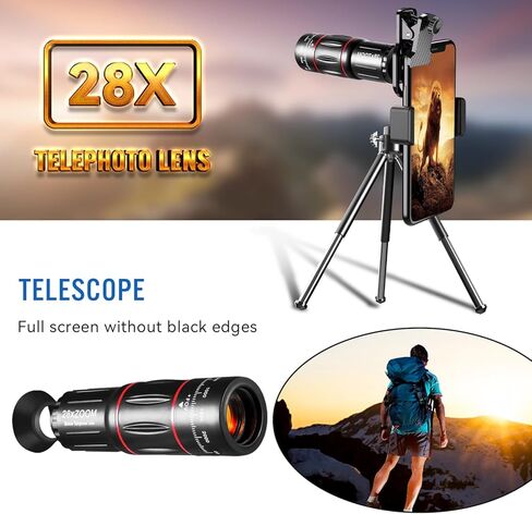 طقم عدسة كاميرا الهاتف الخليوي 4-في 1 ، تعيين كاميرا خارجية مرفوعة ، تليفوتوغرافي 28x ، زاوية واسعة 0.6x ، الماكرو 20X ، Fisheee 198 ° ， مرفق عدسة الهاتف لـ Andriod و iPhone (أسود) in Kuwait