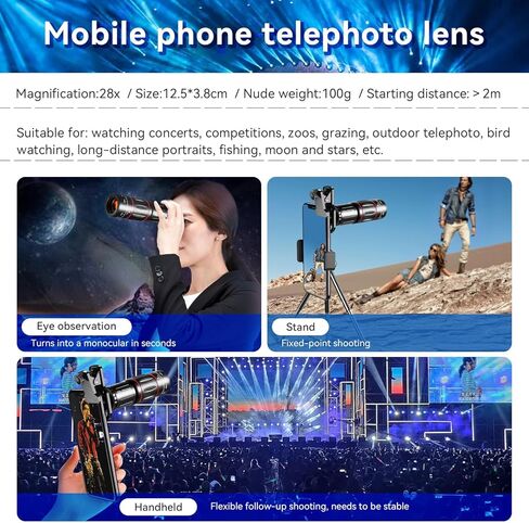 طقم عدسة كاميرا الهاتف الخليوي 4-في 1 ، تعيين كاميرا خارجية مرفوعة ، تليفوتوغرافي 28x ، زاوية واسعة 0.6x ، الماكرو 20X ، Fisheee 198 ° ， مرفق عدسة الهاتف لـ Andriod و iPhone (أسود) in Kuwait