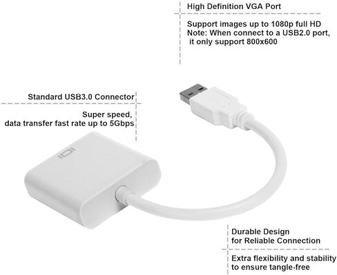 VGA إلى USB ، إخراج الفيديو عالي الدقة USB إلى محول VGA لرصد محول مراقبة الكمبيوتر المضغوط وخفيف الوزن للعمل أو العروض التقديمية أو الترفيه (أبيض) in Saudi Arabia