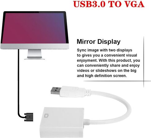 VGA إلى USB ، إخراج الفيديو عالي الدقة USB إلى محول VGA لرصد محول مراقبة الكمبيوتر المضغوط وخفيف الوزن للعمل أو العروض التقديمية أو الترفيه (أبيض) in Saudi Arabia