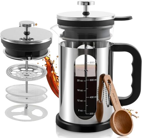 French Press Coffee Maker 34 أوقية ، 1000 مل من البوروسيليكات الزجاجي المصنوع من الفولاذ المقاوم للصدأ مصنع قهوة مع مرشحات قابلة لإعادة الاستخدام محمولة الصحافة للتخييم في المطبخ in Kuwait