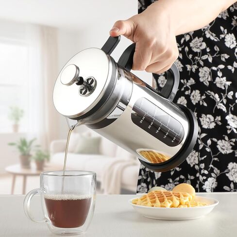 French Press Coffee Maker 34 أوقية ، 1000 مل من البوروسيليكات الزجاجي المصنوع من الفولاذ المقاوم للصدأ مصنع قهوة مع مرشحات قابلة لإعادة الاستخدام محمولة الصحافة للتخييم في المطبخ in Kuwait