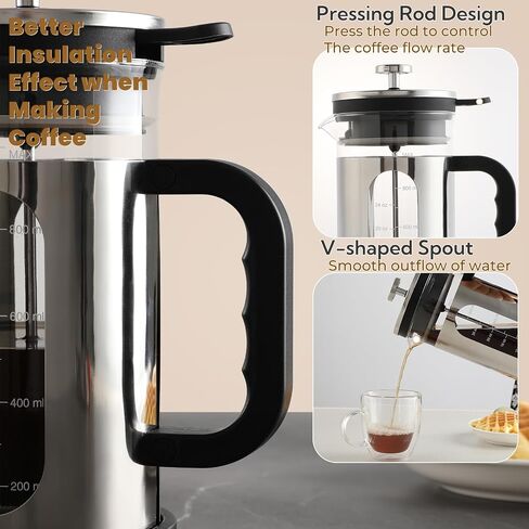 French Press Coffee Maker 34 أوقية ، 1000 مل من البوروسيليكات الزجاجي المصنوع من الفولاذ المقاوم للصدأ مصنع قهوة مع مرشحات قابلة لإعادة الاستخدام محمولة الصحافة للتخييم في المطبخ in Kuwait