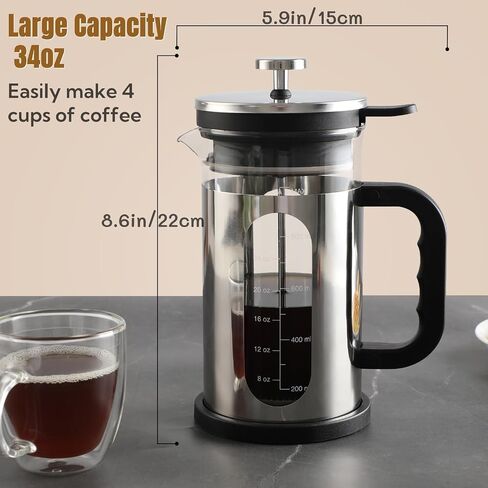 French Press Coffee Maker 34 أوقية ، 1000 مل من البوروسيليكات الزجاجي المصنوع من الفولاذ المقاوم للصدأ مصنع قهوة مع مرشحات قابلة لإعادة الاستخدام محمولة الصحافة للتخييم في المطبخ in Kuwait