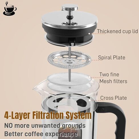 French Press Coffee Maker 34 أوقية ، 1000 مل من البوروسيليكات الزجاجي المصنوع من الفولاذ المقاوم للصدأ مصنع قهوة مع مرشحات قابلة لإعادة الاستخدام محمولة الصحافة للتخييم في المطبخ in Kuwait