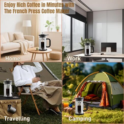 French Press Coffee Maker 34 أوقية ، 1000 مل من البوروسيليكات الزجاجي المصنوع من الفولاذ المقاوم للصدأ مصنع قهوة مع مرشحات قابلة لإعادة الاستخدام محمولة الصحافة للتخييم في المطبخ in Kuwait