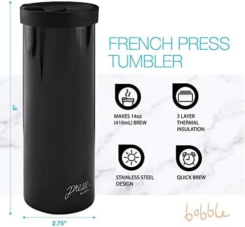 Bobble French Coffee Presse ، أثناء الاستخدام ، المشروب السريع ، التصميم النحيف ، عزل الجدار الثلاثي ، 14 أوقية (أسود) in Kuwait