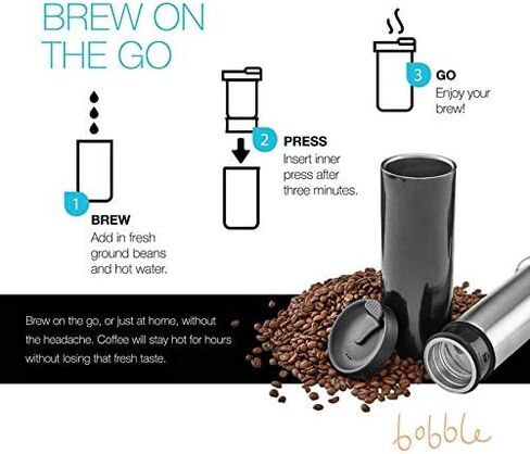 Bobble French Coffee Presse ، أثناء الاستخدام ، المشروب السريع ، التصميم النحيف ، عزل الجدار الثلاثي ، 14 أوقية (أسود) in Kuwait