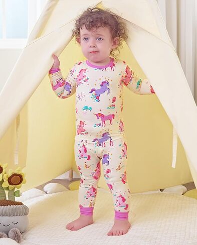 Bamboo Viscose Toddler Girls Kids Pajamas Unicorn Mermaid PJS Long Sleve Fit 12m-8y 2pcs jammies soft in Saudi Arabia