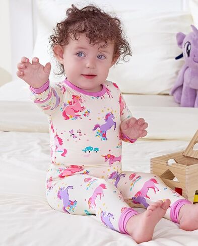Bamboo Viscose Toddler Girls Kids Pajamas Unicorn Mermaid PJS Long Sleve Fit 12m-8y 2pcs jammies soft in Saudi Arabia