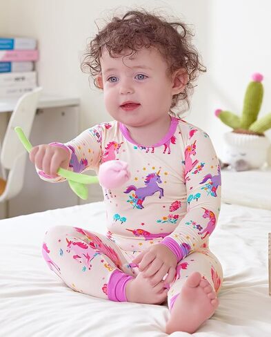 Bamboo Viscose Toddler Girls Kids Pajamas Unicorn Mermaid PJS Long Sleve Fit 12m-8y 2pcs jammies soft in Saudi Arabia