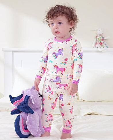 Bamboo Viscose Toddler Girls Kids Pajamas Unicorn Mermaid PJS Long Sleve Fit 12m-8y 2pcs jammies soft in Saudi Arabia
