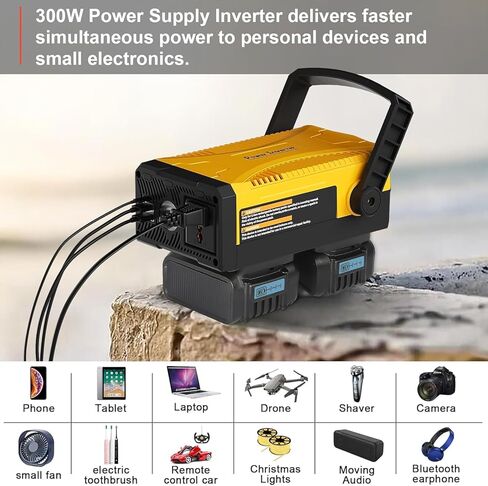 ترقية 300 واط محمولة مزود الطاقة المحمولة متوافق مع 2 حزمة 20V البطارية 6.0a ، DC 20V إلى AC 110V ~ 120V العاكس طاقة موجة جيبية معدلة مع مخرج AC و USB أصفر مزدوج in Kuwait