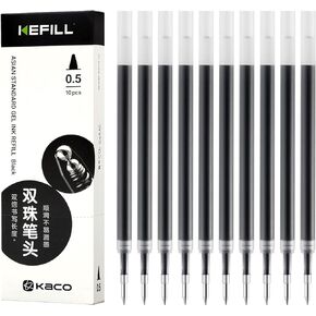Gel Pens Refill for KACO Pens, Black Ink, Box of 10 Pieces 0.5mm Fine Point Smooth Writing Rolling Ball Pens Refill