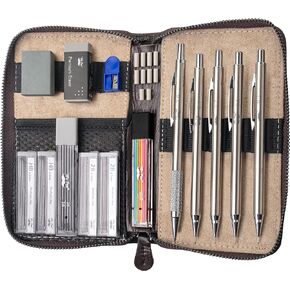 Mr. Pen- Metal Mechanical Pencil Set in Leather Case, 5 Sizes, 0.3, 0.5, 0.7, 0.9, 2mm, mechanical pencils, Sketching Pencils, Drafting Pencil, Mechanical Pencil Metal