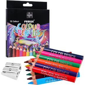 Triangular Jumbo Color Pencils, Short Fat Pre-Sharped Colored Pencils with Pencil Sharpener and Eraser, for Toddlers Student Drawing and Doodling（12 Colors）
