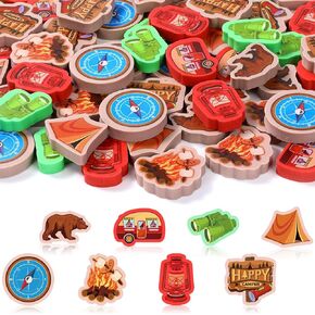 Pasimy 64 Pcs Camping Mini Erasers Bulk Camping Party Favors Assorted Happy Camper Rubber Erasers Pencil Cute Eraser for Desk Prizes Rewards Gifts Party Supplies