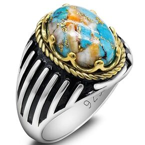 LovePlus Solid S925 Sterling Silver Turquoise Men's Ring Türkiye Vintage Carving Design Handmade Men's Jewelry, Jewelry Gift For Men's Birthday Christmas Gift