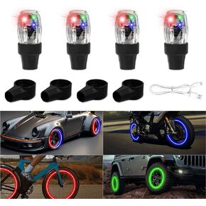 4Pcs Tire Valve Cap Lights, Glow in The Dark LED Tire Valve Lights Waterproof Rechargeable Wheel Flashing Lamp for Car Bike Motorcycle Accessories