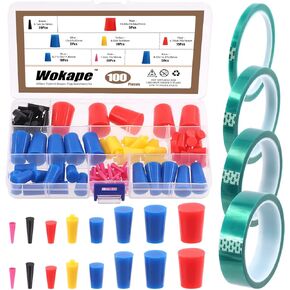 105Pcs Powder Coating Plug Kit with PET Masking Tape, High Temp Silicone Rubber Tapered Plug Kit, for Powder Coating System, Plating, Media Blasting, Hydro Dipping