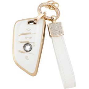 1797 for BMW Key Fob Cover Bling Keychain X3 X5 X1 X2 X4 X6 2 3 4 5 7 Series M3 M4 M5 M8 Z4 Accessories Car Remote Case Shell Protector Girly Cute 4 Button White Gold TPU