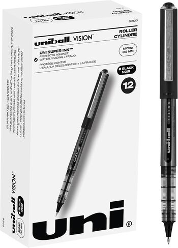 Uniball Vision Rollerball Pens, Black Pens Pack of 12, Fine Point Pens with 0.5mm Micro Tip Ink Pen, Pens Fine Point Smooth Writing Pens, Bulk Pens, and Office Supplies in Saudi Arabia