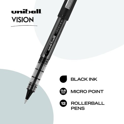Uniball Vision Rollerball Pens, Black Pens Pack of 12, Fine Point Pens with 0.5mm Micro Tip Ink Pen, Pens Fine Point Smooth Writing Pens, Bulk Pens, and Office Supplies in Saudi Arabia