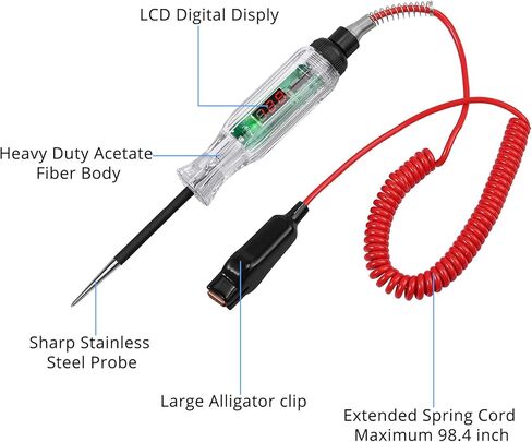 جهاز اختبار دائرة السيارات من CAMWAY، ضوء اختبار الدائرة الرقمية 2.6-32 فولت، شاشة LED، جهاز اختبار جهد دائرة سلك زنبركي ممتد 98 بوصة، جهاز اختبار الجهد الكهربي لدائرة طاقة شاحنة السيارة in Kuwait