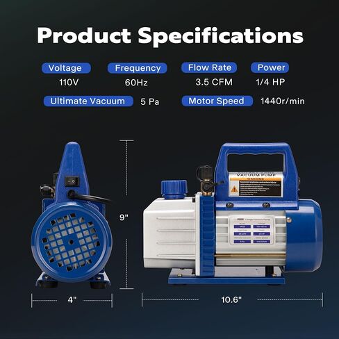 VIVOHOME 3.5 CFM 1/4 HP مضخة تفريغ HVAC أحادية المرحلة لأنظمة R12 R22 R134a R410a، مضخة تفريغ تيار متردد تلقائية لصيانة تبريد مكيف الهواء مع زجاجة زيت in Saudi Arabia