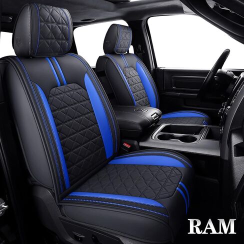 YIERTAI لأغطية مقاعد Dodge RAM تناسب 2009-2024 1500HD 2010-2023 2024 2500/3500HD Crew Double Quad Rebel Cab Laramie Big Long Horn Rebel Tradesman أغطية مقاعد جلدية (5 قطع مجموعة كاملة/أسود-أزرق) in Saudi Arabia