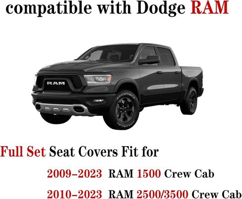 YIERTAI لأغطية مقاعد Dodge RAM تناسب 2009-2024 1500HD 2010-2023 2024 2500/3500HD Crew Double Quad Rebel Cab Laramie Big Long Horn Rebel Tradesman أغطية مقاعد جلدية (5 قطع مجموعة كاملة/أسود-أزرق) in Kuwait