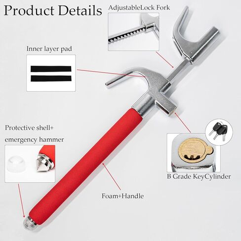 قفل توجيه قابل للسحب مع 3 مفاتيح، قفل عجلة قيادة قابل للتعديل ومطرقة هروب، أجهزة متقدمة مضادة للسرقة لسلامة السيارات/الشاحنات/سيارات الدفع الرباعي/الشاحنات (أحمر) in Kuwait