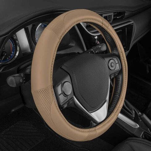 غطاء عجلة القيادة من الجلد الصناعي المثقوب باللون البيج الكلاسيكي من Motor Trend، باللون البيج بالكامل in Saudi Arabia