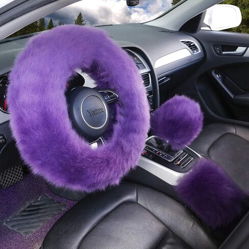 Fashion Fluffy Steering Wheel Covers for Women/Girls/Ladies Australia Pure Wool 15 Inch 1 Set 3 Pcs (Black) in Saudi Arabia