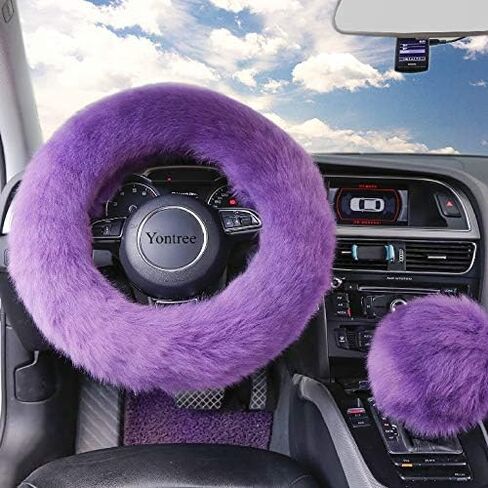 Fashion Fluffy Steering Wheel Covers for Women/Girls/Ladies Australia Pure Wool 15 Inch 1 Set 3 Pcs (Black) in Saudi Arabia