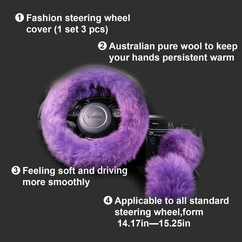 Fashion Fluffy Steering Wheel Covers for Women/Girls/Ladies Australia Pure Wool 15 Inch 1 Set 3 Pcs (Black) in Saudi Arabia