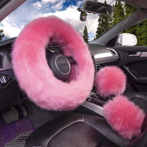 Fashion Fluffy Steering Wheel Covers for Women/Girls/Ladies Australia Pure Wool 15 Inch 1 Set 3 Pcs (Black) in Saudi Arabia