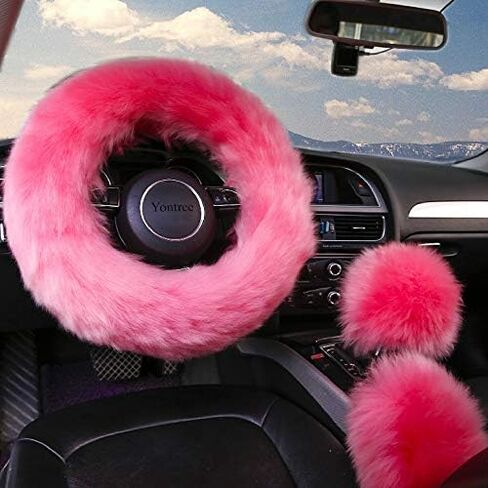 Fashion Fluffy Steering Wheel Covers for Women/Girls/Ladies Australia Pure Wool 15 Inch 1 Set 3 Pcs (Black) in Saudi Arabia