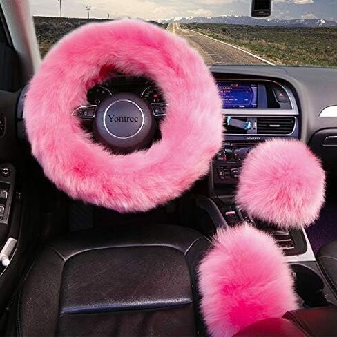 Fashion Fluffy Steering Wheel Covers for Women/Girls/Ladies Australia Pure Wool 15 Inch 1 Set 3 Pcs (Black) in Saudi Arabia
