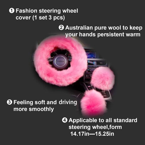 Fashion Fluffy Steering Wheel Covers for Women/Girls/Ladies Australia Pure Wool 15 Inch 1 Set 3 Pcs (Black) in Saudi Arabia