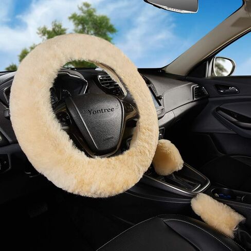 Fashion Fluffy Steering Wheel Covers for Women/Girls/Ladies Australia Pure Wool 15 Inch 1 Set 3 Pcs (Black) in Saudi Arabia