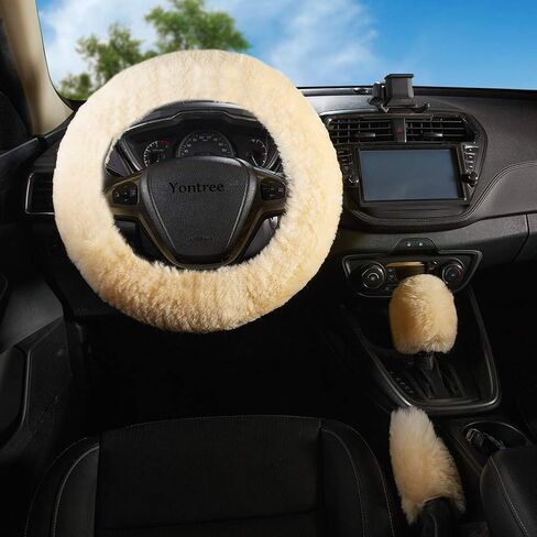 Fashion Fluffy Steering Wheel Covers for Women/Girls/Ladies Australia Pure Wool 15 Inch 1 Set 3 Pcs (Black) in Saudi Arabia
