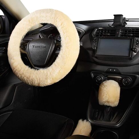 Fashion Fluffy Steering Wheel Covers for Women/Girls/Ladies Australia Pure Wool 15 Inch 1 Set 3 Pcs (Black) in Saudi Arabia