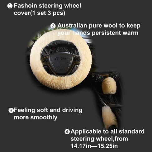 Fashion Fluffy Steering Wheel Covers for Women/Girls/Ladies Australia Pure Wool 15 Inch 1 Set 3 Pcs (Black) in Saudi Arabia