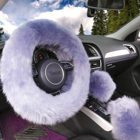 Fashion Fluffy Steering Wheel Covers for Women/Girls/Ladies Australia Pure Wool 15 Inch 1 Set 3 Pcs (Black) in Saudi Arabia