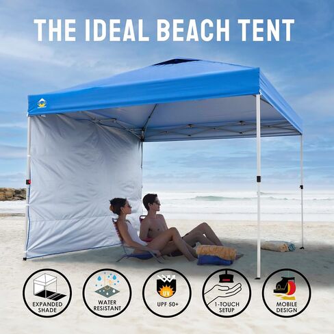 CROWN SHADES 8x8 Pop Up Canopy with 1 Side Wall, Beach Canopy Tent, White | One Push Setup Shelter, Outdoor Gazebo & Sun Shade for Events, Parties, Camping, 150D Silver-Coated Fabric, STO-N-Go Bag in Saudi Arabia